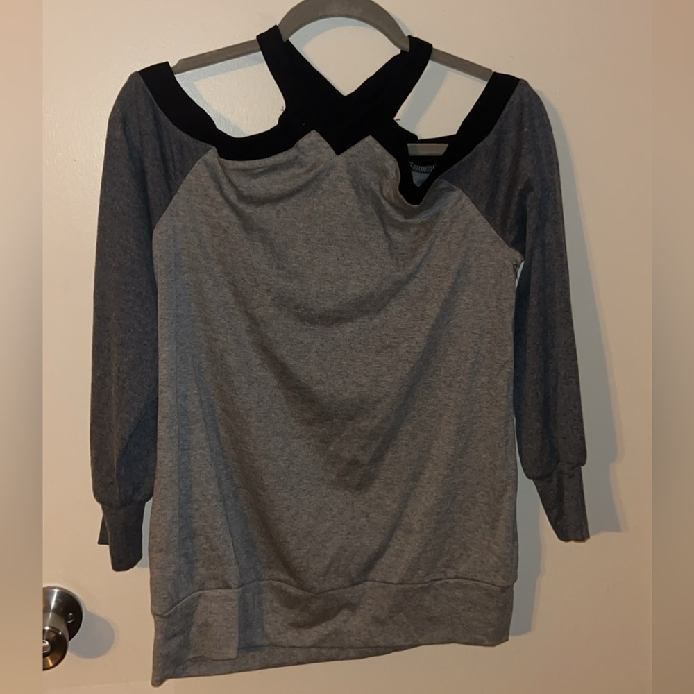 Gray and Black Cold Shoulder Sweater